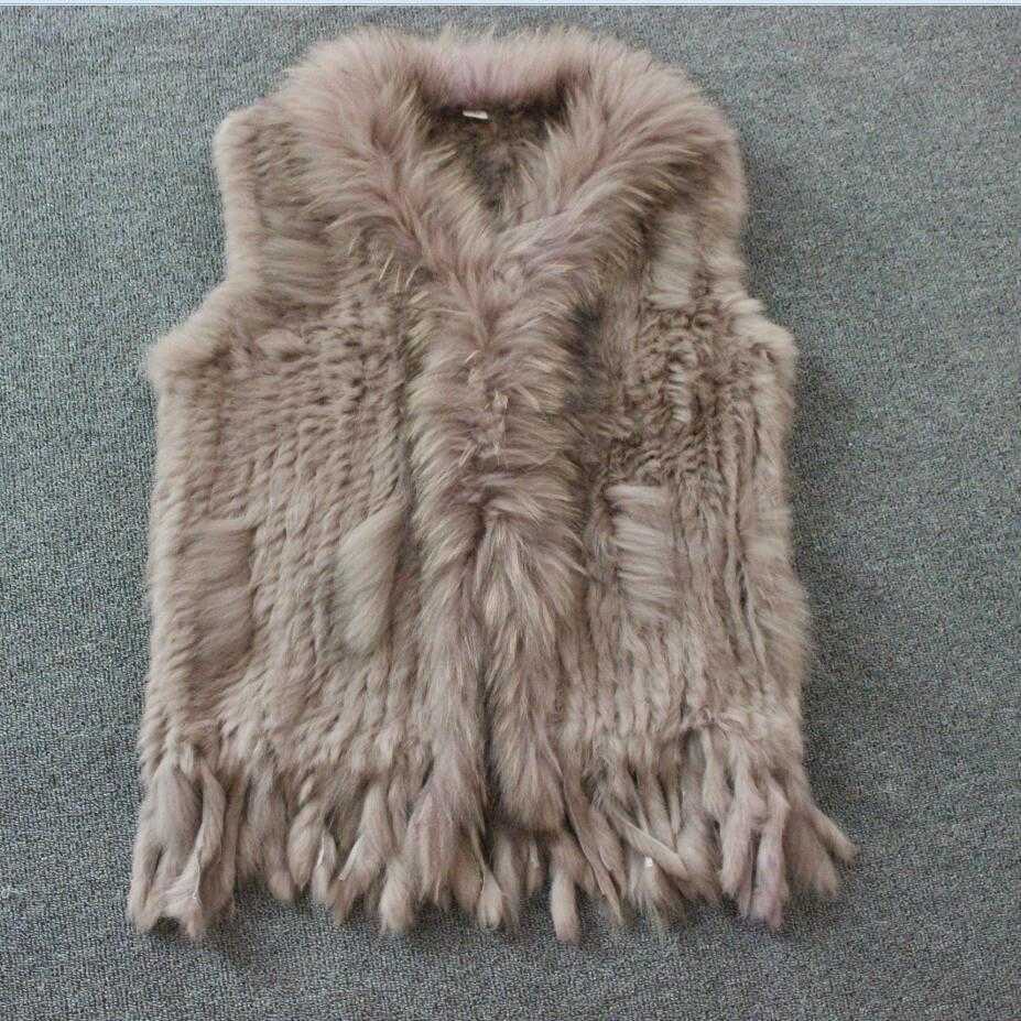 Real ladies Genuine Knitted Rabbit Fur Vest With Raccoon Trimming Waistcoat Winter Jacket harppihop fur 210816