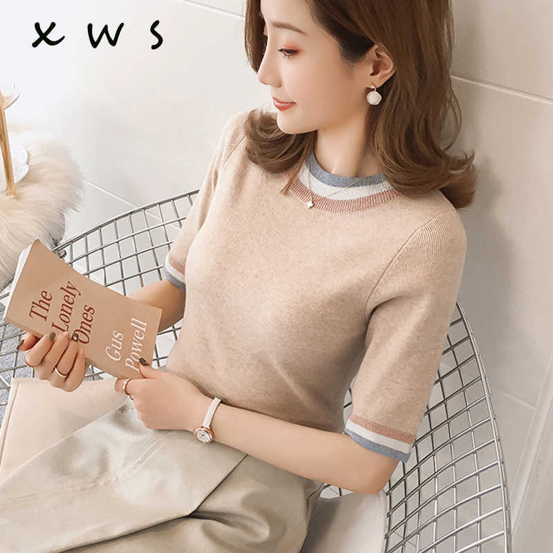 Spring Summer Casual Short Sleeve Pullover Knitted sweater patchwork Color slim Thin Women Wear turtleneck Sweater jumper 210604, Blue 
Spring Summer Casual Short Sleeve Pullover Knitted sweater patchwork Color slim Thin Women Wear turtleneck Sweater jumper 210604, Blue