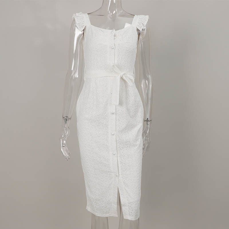 Women White Dress Lace Up Sexy Midi Vestidos Ruffles Sleeveless Bodycon Female Dresses Buttons Belt Elegant Ladies Clothes 210303