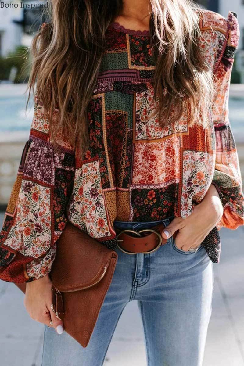 BOHO INSPIRED Floral quilted patchwork Top Long Sleeve Blouses Shirts Tops Boho Print Top plus size shirt and blouse for women 210225