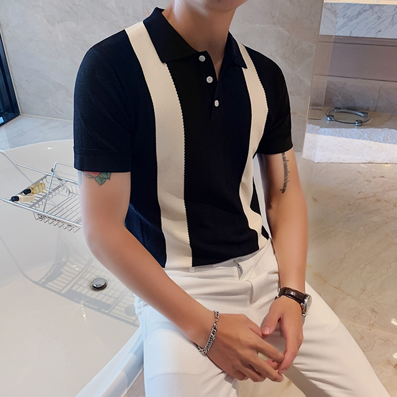 Summer Men's Short-sleeved Knitted Casual POLO Shirts Contrast Color British Slim Lapel Ice Silk POLO Shirt Men Clothes 210308