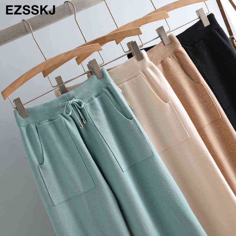 loose Women Elastic Waist Drawstring Trousers Thick Knitted Harem Pants Autumn Winter Sport pants sweater Carrot 211115