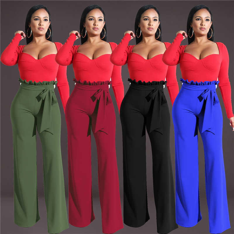 Plazson Autumn Winter Women Belted Palazzo Pants Loose Long Pant High Waist Wide Leg Trousers Streetwear Pantalones 211115