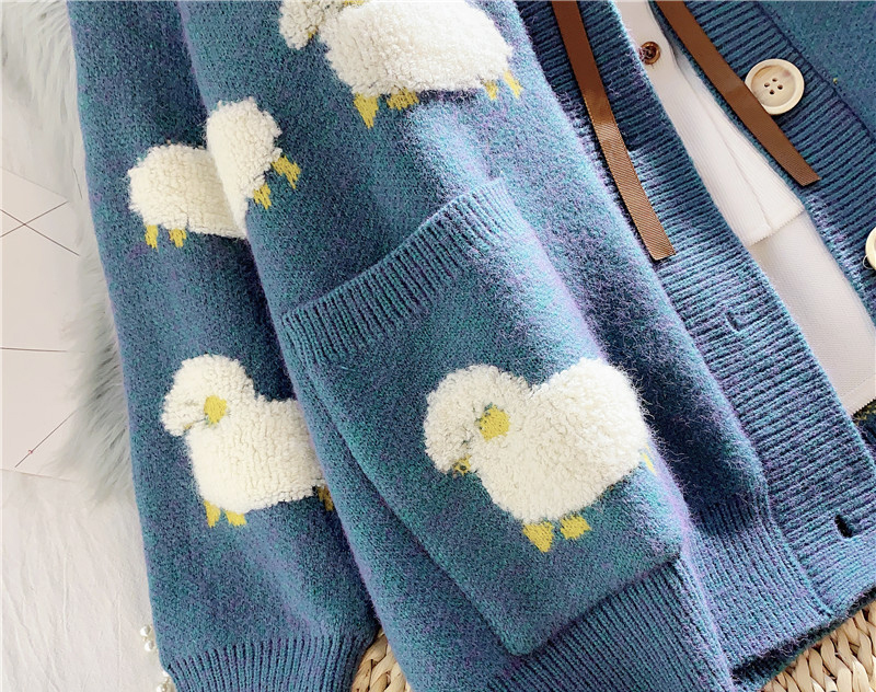 Animal Appliques Cardigans Womens Autumn Winter Loose Knit Sweater Coat Cute Sheep V Neck Single Breasted knitted Jumpers 210218