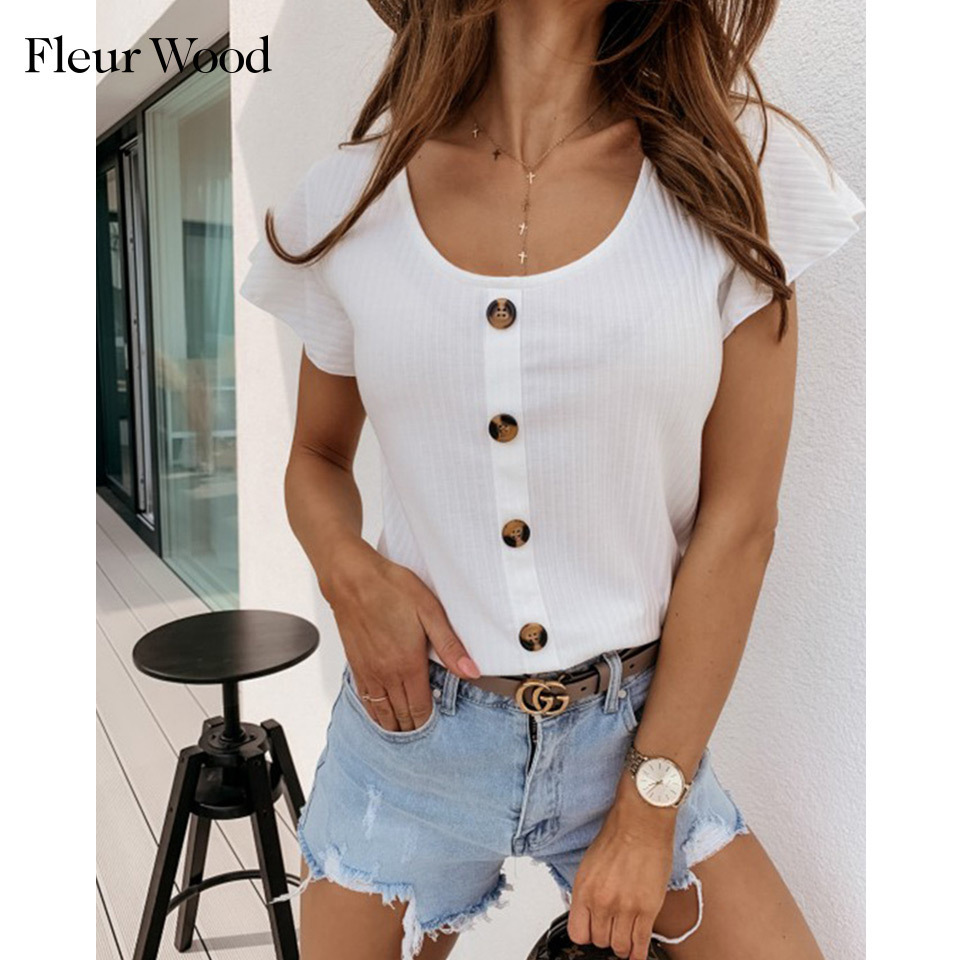 Fleur Wood Women T-shirt Sexy Solid Short Sleeve Button Slim Tee Shirt Femme Summer camisetas verano mujer Plus Size Tops T200614