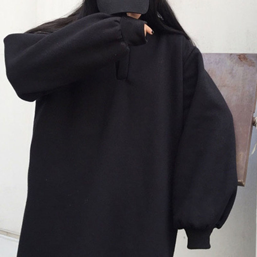 Korean Women Autumn Winter Hooded Dress Pullover Thick Fleece Oversized Casual Loose Maxi Long Hoodie Sweatshirt Dresses Black 201008
