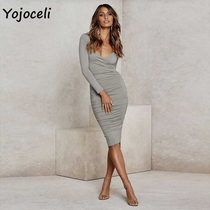 Yojoceli sexy v neck wrap bodycon dres party club pencil long sleeve winter day 210609