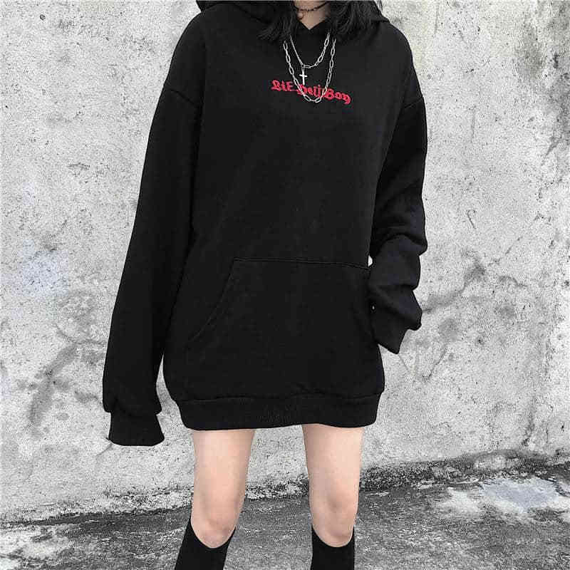 Fall Spring Women Letter Sweatshirts High Street Harajuku Cute Hoodies Punk Gothic Devil Horn Chic Hooded Pullover Loose Sweat 201102