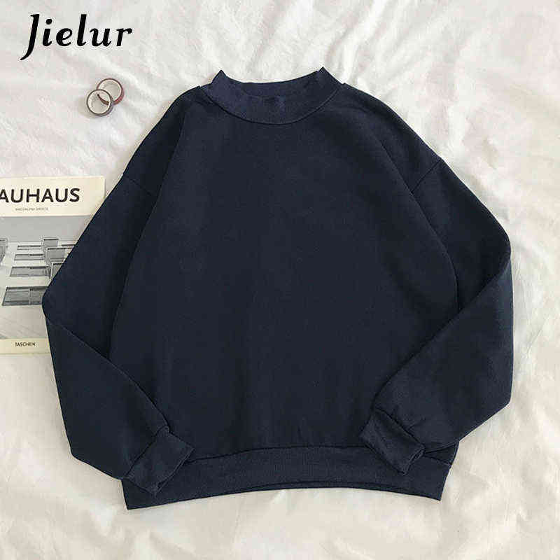 Jielur 9 Colors Pink Green O-neck Hoodies Women Winter Autumn Pullover Sweatshirt Female Pure Color Loose Tracksuit M-XXL 211109