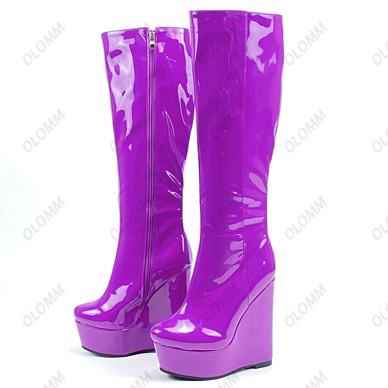 Rontic Handmade Women Winter Knee Boots Patent Leather Side Zipper Wedges Heels Round Toe Red Black Party Shoes Plus US Size 5-20