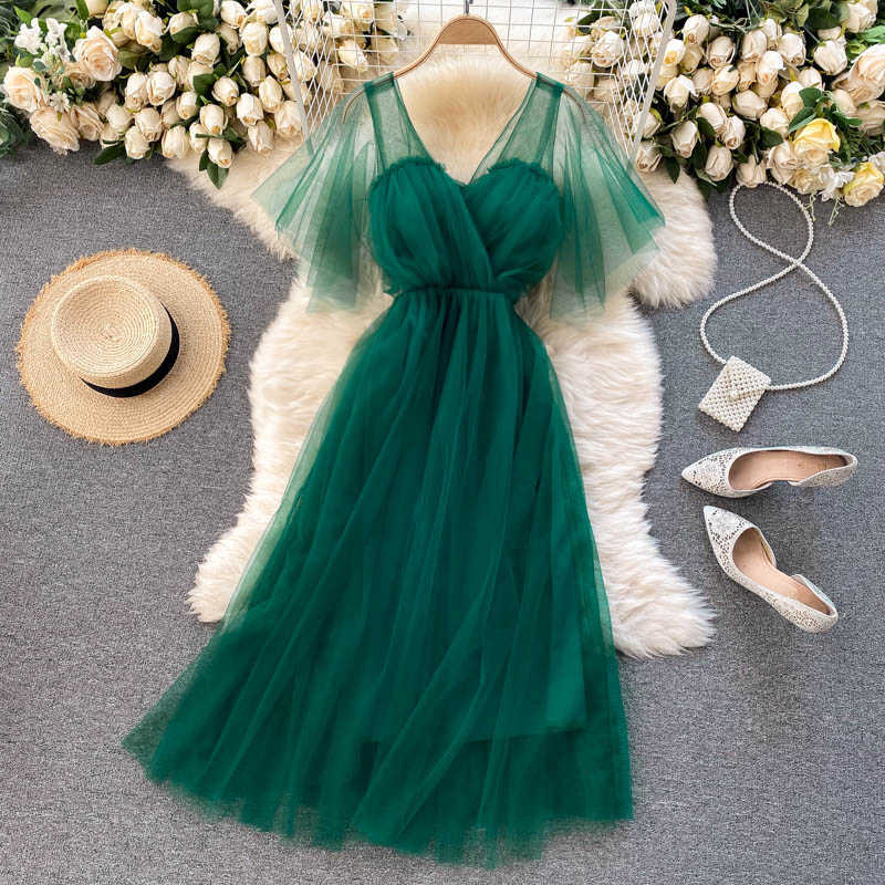 Green/Yellow/Red Sexy Mesh Midi Party Dress Women Casual V-Neck Short Sleeve High Waist Club Fairy Vestidos Female New Fashion Y0603, Black