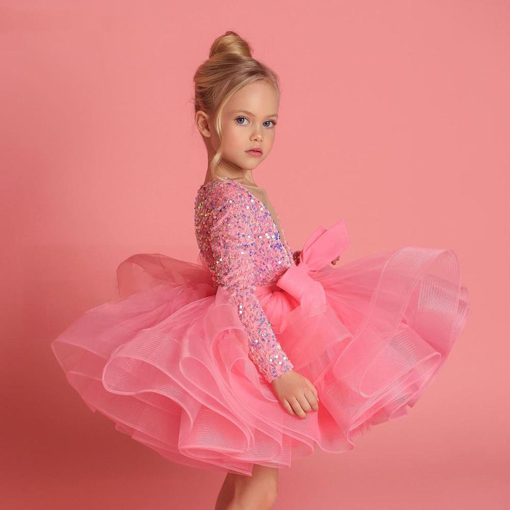 Pink Blue Sequins Short wer Girl With Long Sleeves Sheer Neck Bead Christmas Princess Girls Pageant Gowns Tulle Birthday First Communion Dress