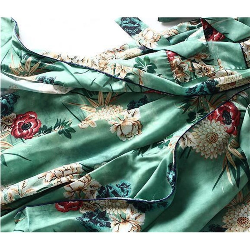 New Women Green Color Bathrobe Style Long Kimono Vintage Floral Printed Wide Leg Pant Ladies Retro Outfit T200716