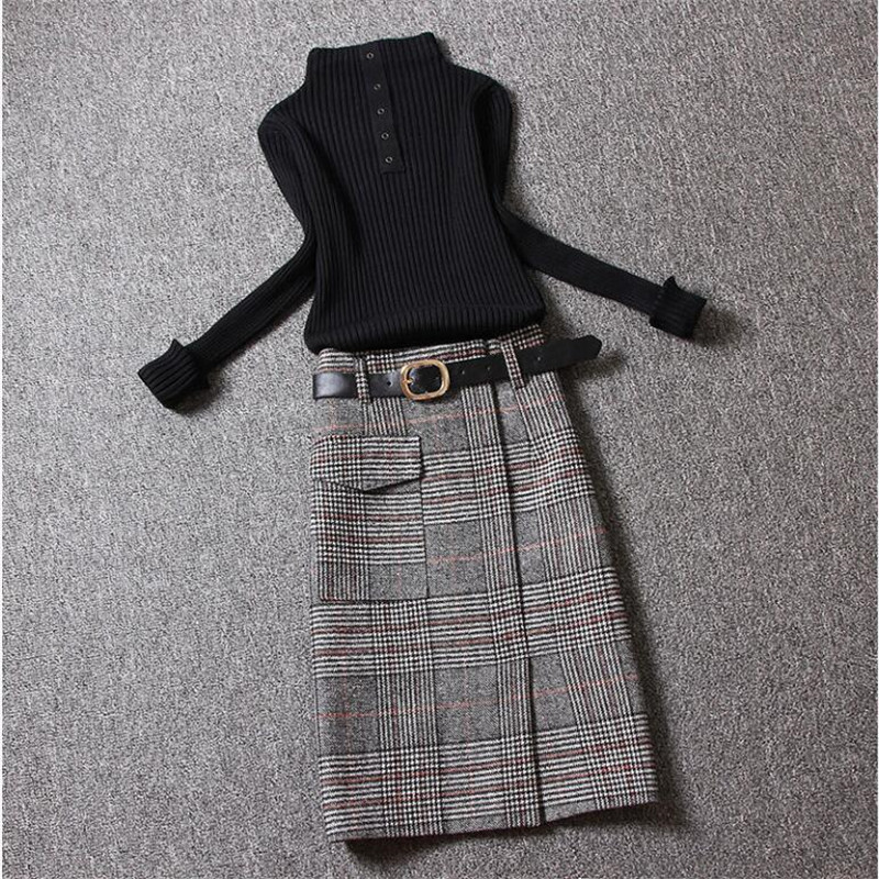 Autumn Winter Korean Woman woolen Plaid Skirt Female Midlength High Waist Split A step Bag Hip Midi Skirt 210306