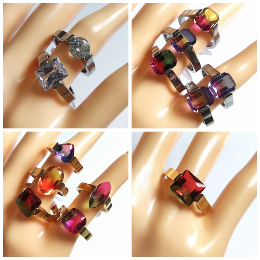 30pcs/lot Assorted Color Stone Ring Women Gold Silver Stainless Steel Clear Crystal Charm Rings Girls Accessories Wholesale Wedding Engagement Jewelry