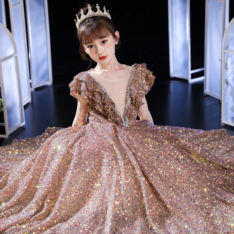 Gold Sequin Toddler Ball Gowns Girls Pageant Jewel Long Deep V Neck Formal Kids Party Gown Flower Girl Dresses For Weddings 403