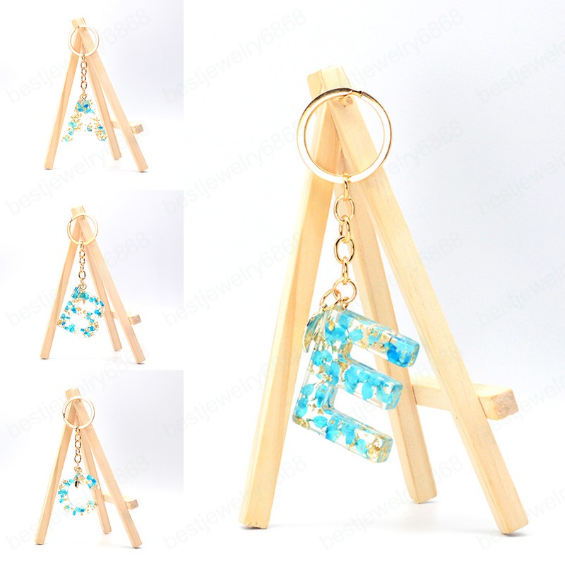 Dried Flower Letter Keychain For Woman English Alphabet Key Rings With Golden Leaf Acrylic Words Crafts Handbag Charms