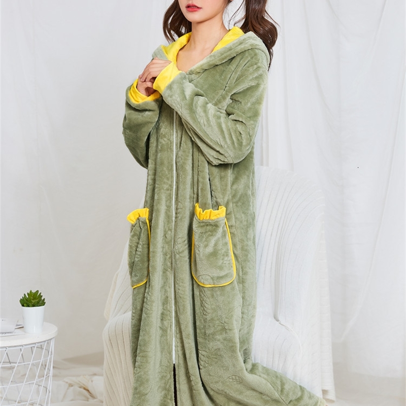 Winter Extra Long Warm Robe Women Hoody Coral Fleece Thermal Bathrobe Thick Flannel Nightwear Bath Robe Sleepwear Dressing Gown 210203