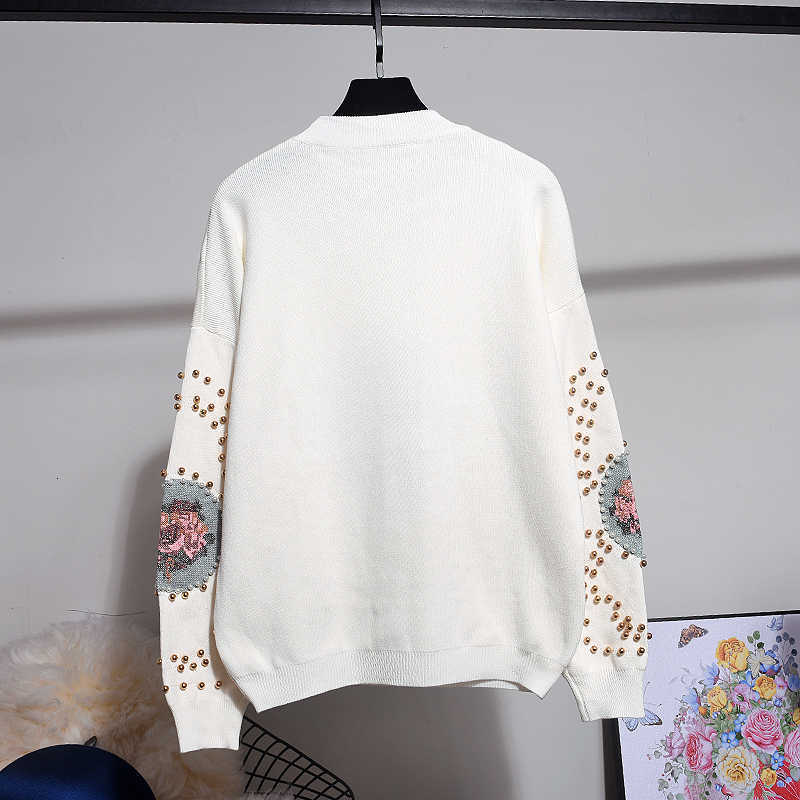 DEAT Autumn Spring Long Sleeve O Neck Knitted Embroidery Sweater Jumper Elastic Pants Tracksuit Women 19J-a3 210709