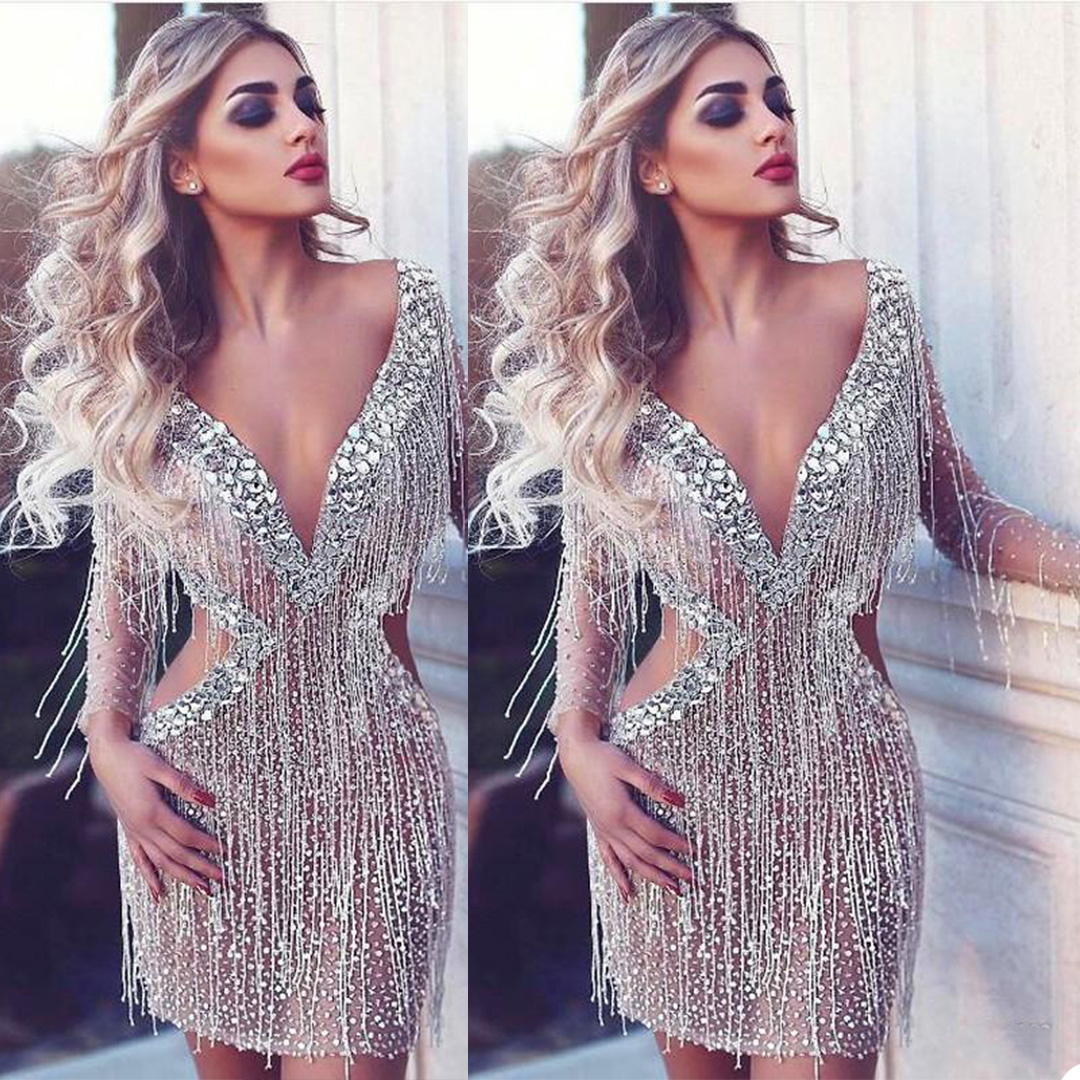 Sexy V Neck Prom Dresses Bling Sequin Beads Mermaid Illusion Lace Tassel Evening Dresses Dubai Arabic Ruffles Custom Made Pageant Gown