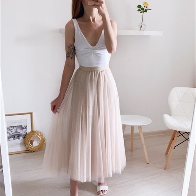 Tulle Skirt Mesh Elastic Tutu Spring Summer Korean High Waist Kpop Fashion Pleated Long Black/Khaki 210621