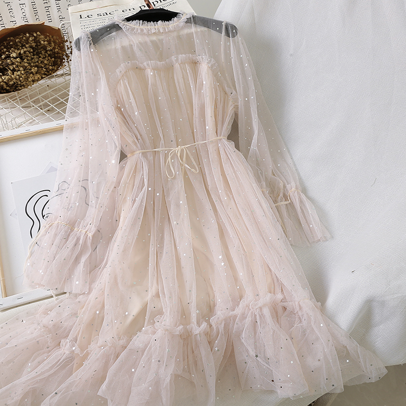New Women Summer Clothing Bling Sequined Long Sleeve Dress Elastic Slim Mesh Gauze Tulle Dress 210309