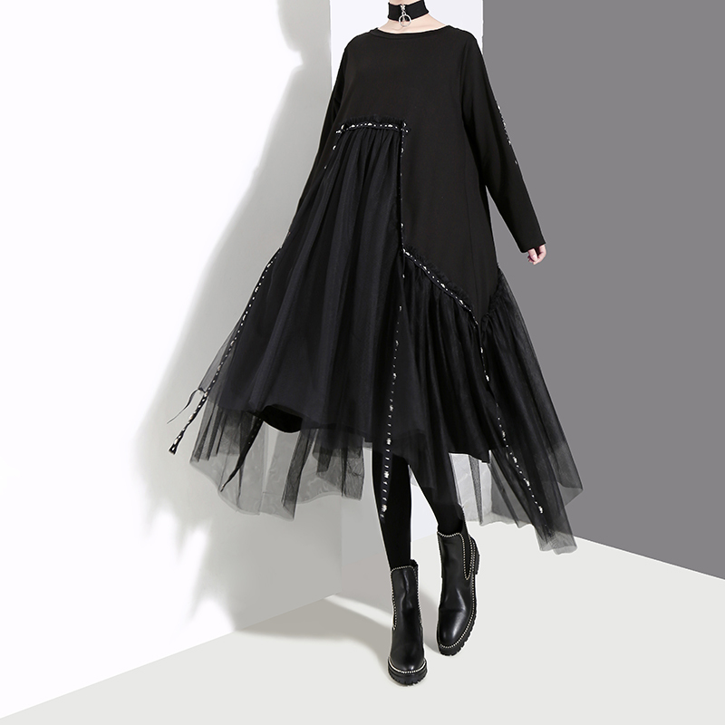 New Plus Size Woman Winter Solid Black Loose Dress Long Sleeve Mesh Overlay Tapes Ladies Casual Style Midi Dress Robe Femme 4564 210309