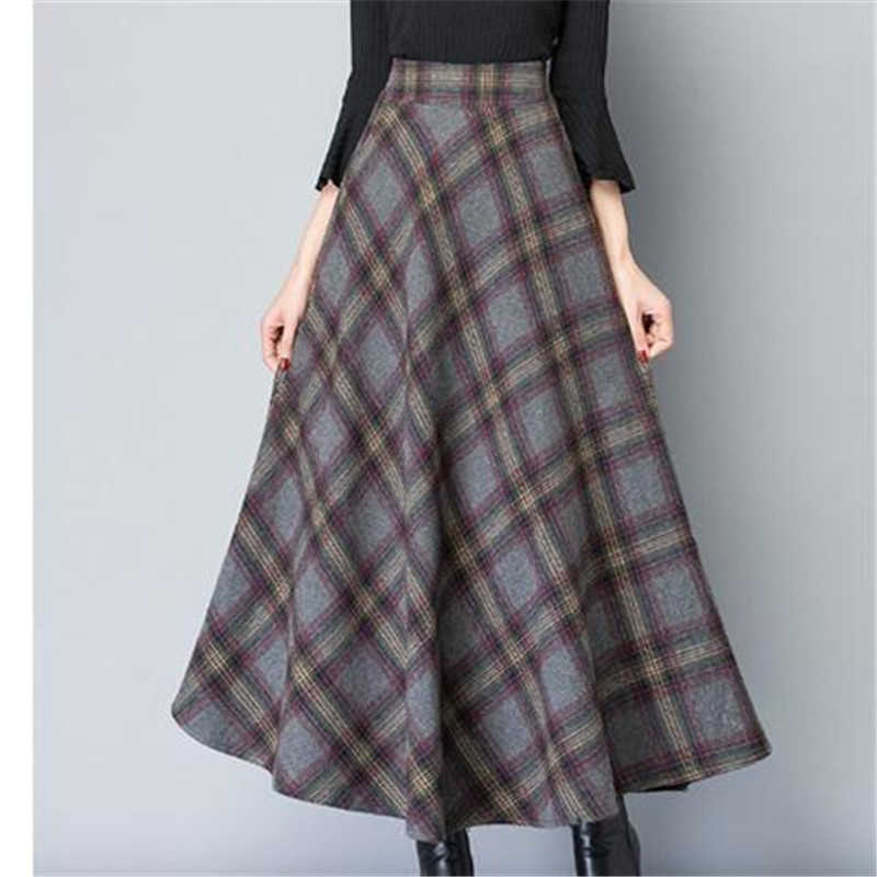Mom High Waist Woolen plaid Skirts Autumn Winter Women's Plus Size Wool Maxi Female Fashion Casual Long Streetwear 210706