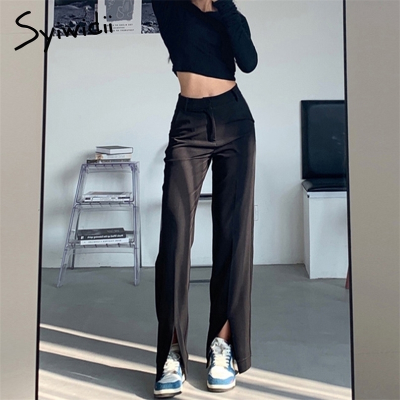 Syiwidii Flare Pants Women Trousers Front Split Leg Straight Ladies Work Korean Clothes Streetwear Black Bell Bottom 211115