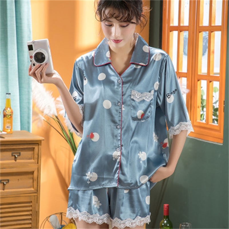 2 Pieces Pyjamas Women Silk Stitch Lace Pijamas Set Silk Feeling Short SleeveSleepwear Pajamas for women Pijama Feminino Pyjama T200429