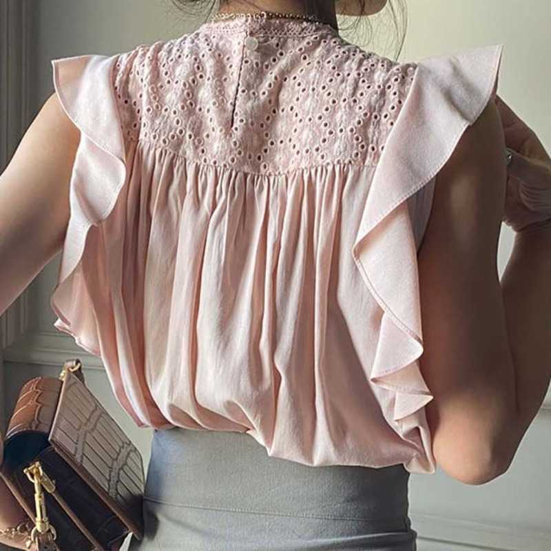 Ruffle Sleeveless Woman Tops Korean Elegant Lace Patchwork Blouse Shirt Summer Causal Blusas De Mujer 6J823 210603