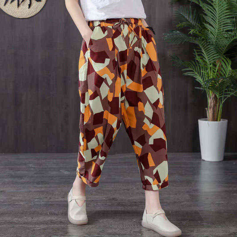 F&je Spring Summer Women Pants Plus Size Elastic Waist Geometric Cotton Linen Harem Vintage print Loose Wide Leg D44 211115