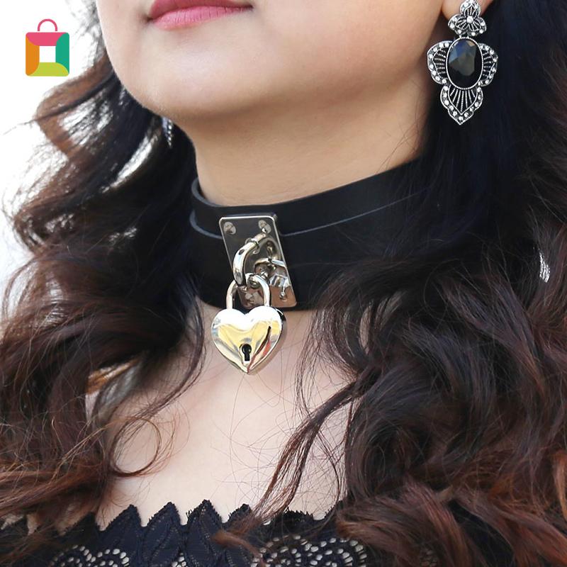 Chokers Punk Men's And Women's Leather Short Necklace Lockable Padlock Bonding Gothic Thick Chocker Glittery