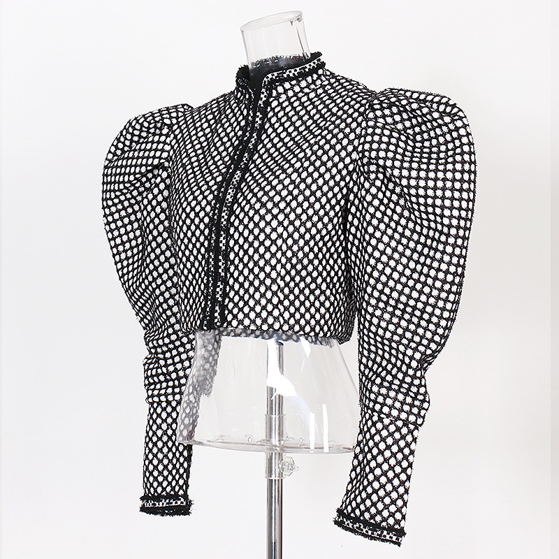 Chic Street Style Dot Print Crop Jackets Women Spring Puff Sleeve Stand Collar Silm Coats Casual All-match Female Tops 210525