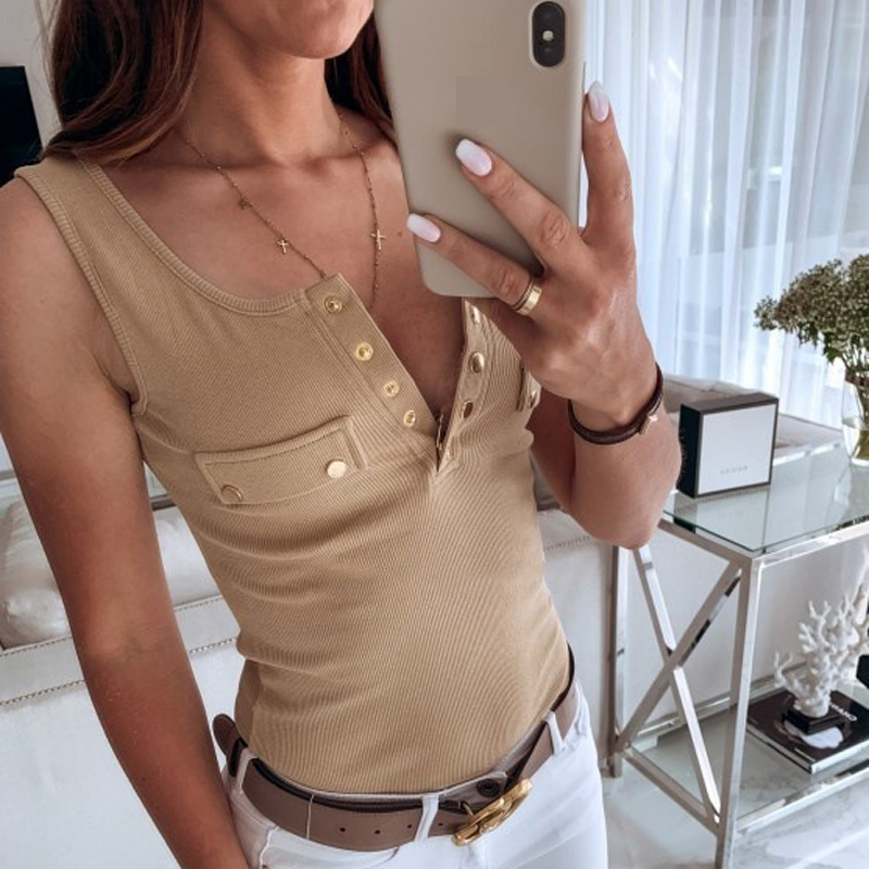 Summer Women's Tank Top Slim Fit Button Tops Solid Color Sexy Vest V-neck Casual Vest Sleeveless T Shirt Women Cotton Tank Tops 210308
