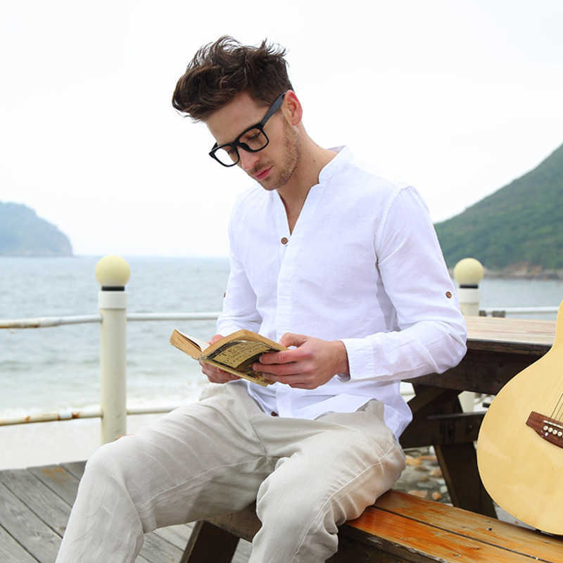 Cotton Linen Casual Shirts For Men Basic Classic White Shirt Autumn Male Long Sleeve Stand Collar Breathable Men's Clothing 210721