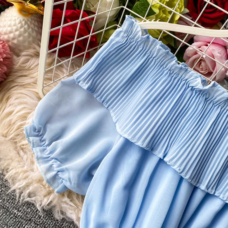 DEAT Women Chiffon Slim Slash Neck Off Shoulder Dress Solid Color High Waist Fashion Spring Summer MZ997 210709