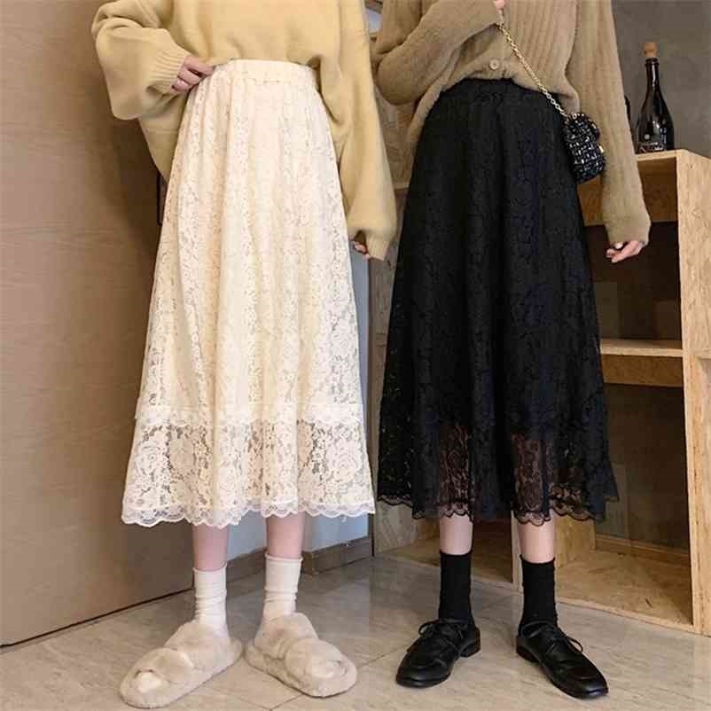 Black White Lace Midi Skirt Women Fashion Spring winter Korean Cute Elegant Office A-line Female Lady 210621