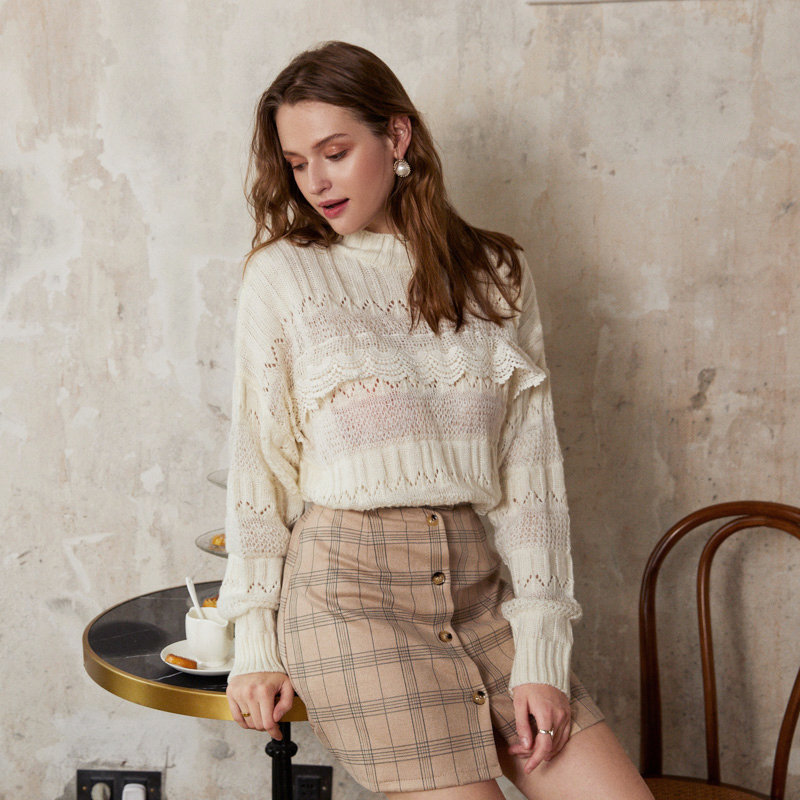 Simplee knitted hollow out sweater women Drop-shoulder sleeve pullover Loose high-necked white sweater autumn winter 210218