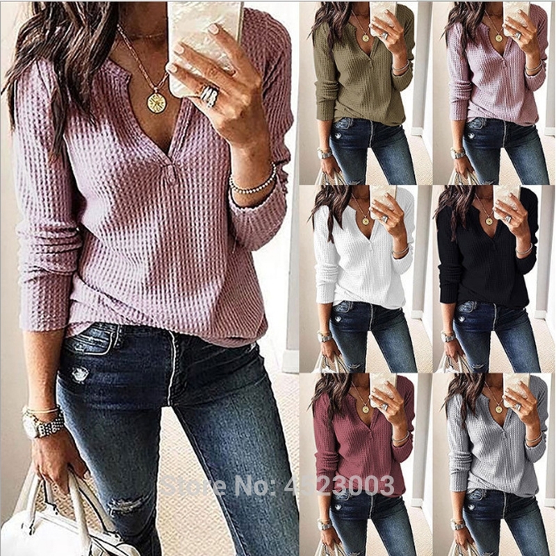 Womens V Neck T Shirts Solid Long Sleeve Waffle Knit Loose Top 210302