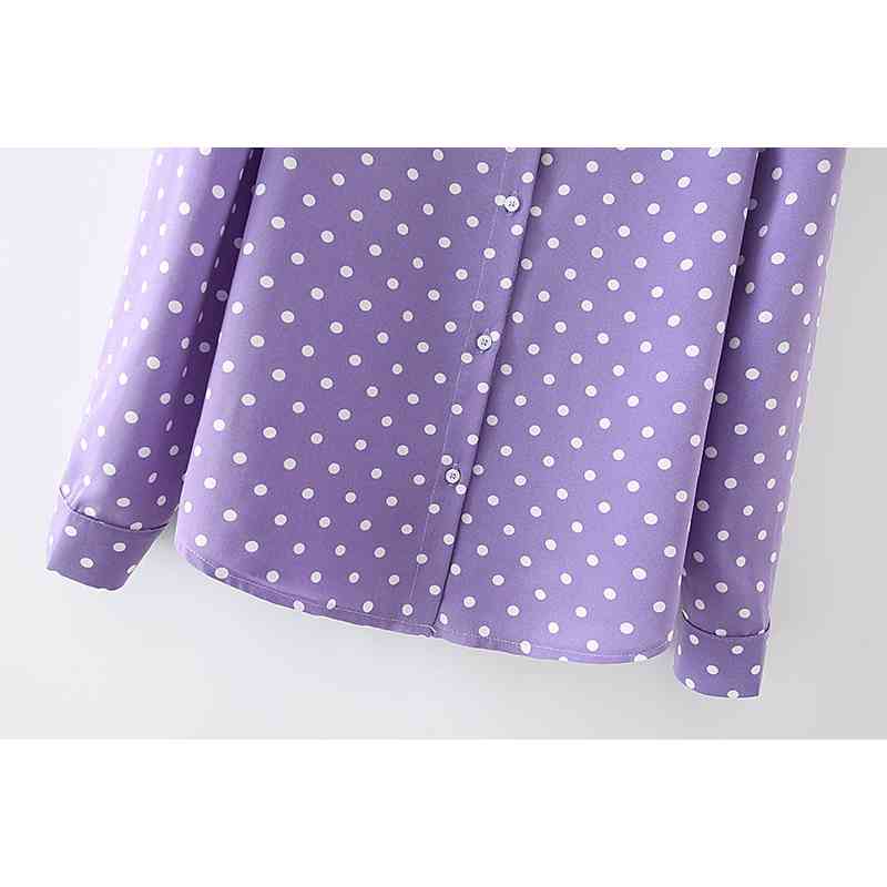 Women's Purple Polka Dot Puff Sleeve Blouse - Elegant Chic Turn Down Collar Top