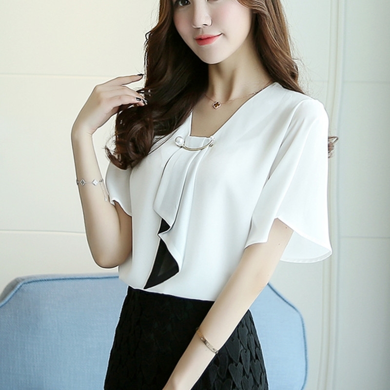 New Chiffon Women Blouse Shirts Fashion Short Sleeve Plus Size Feminine Tops V-neck Women's Clothing Blouse Blusas D560 30 210225