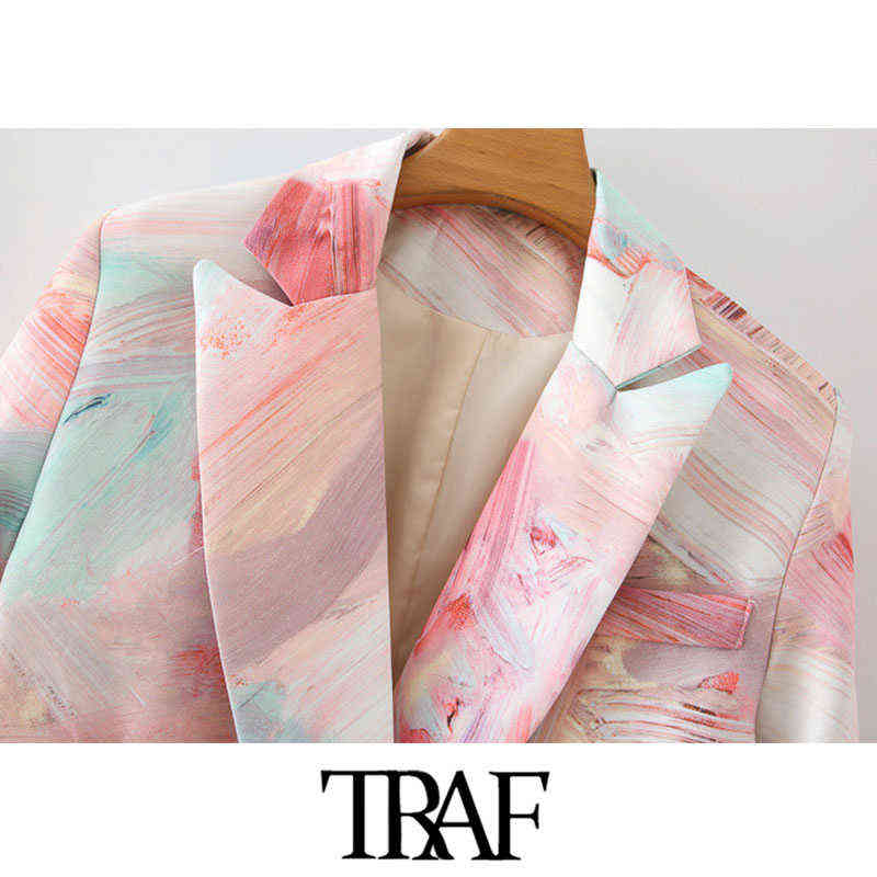 TRAF Women Fashion Double Breasted Graffiti Print Blazers Coat Vintage Long Sleeve Pockets Female Outerwear Chic Tops 211122