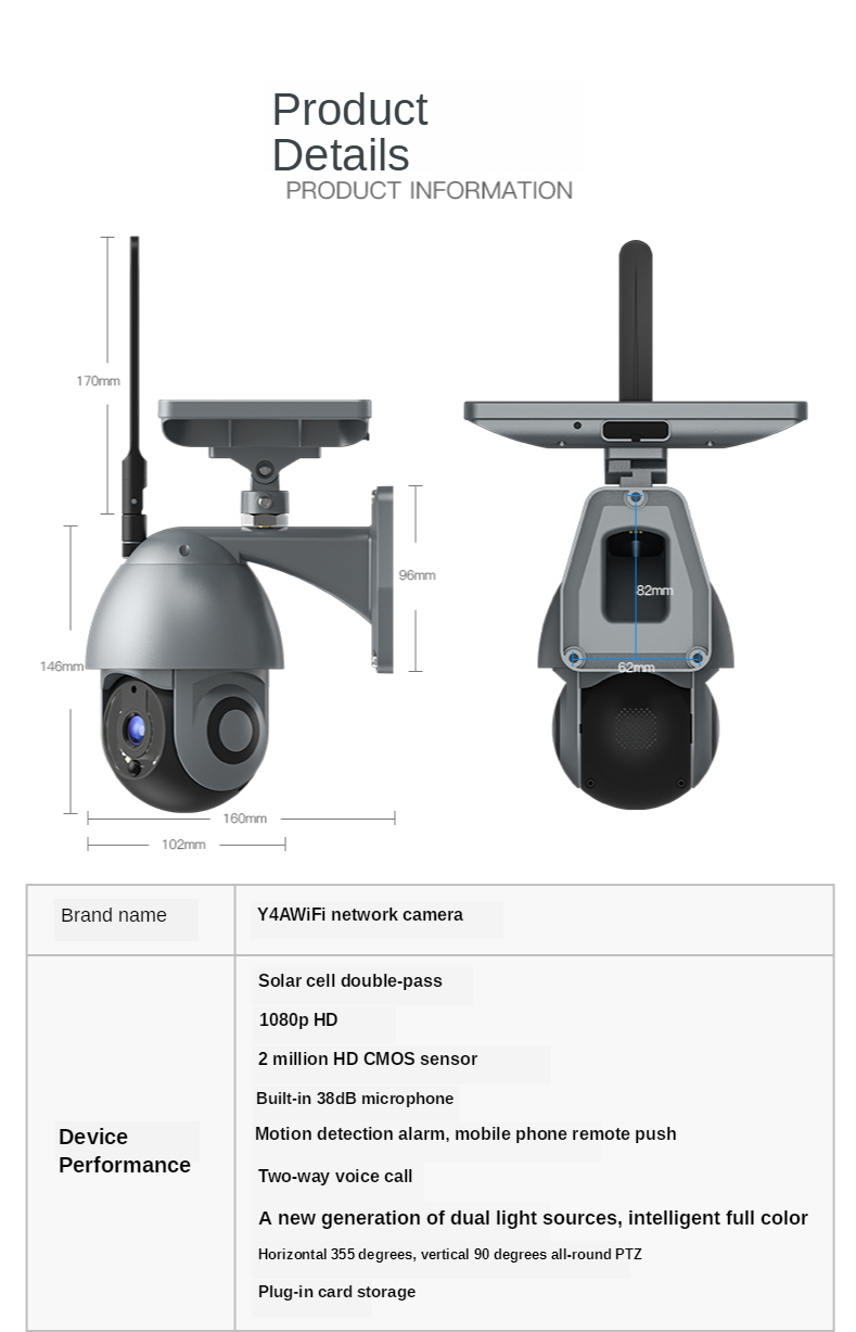 1080P Solar Powered Camera IP66 2 Million Outdoor Security Monitor APP Control Night Vision PTZ Sound-light Alarm Surveillance