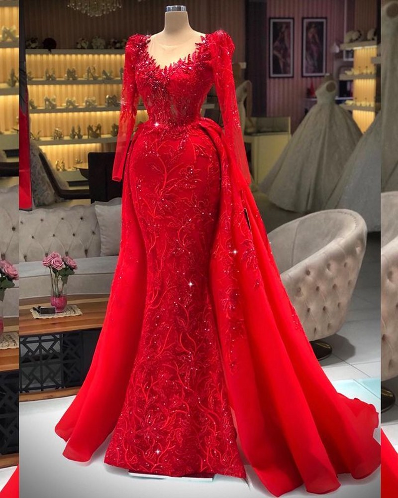 Modest Red Evening Dresses With Detachable Train Lace Applique Beaded Mermaid Prom Gowns Weddings Reception Wear Robe De Soirée, Silver
Modest Red Evening Dresses With Detachable Train Lace Applique Beaded Mermaid Prom Gowns Weddings Reception Wear Robe De Soirée, Silver