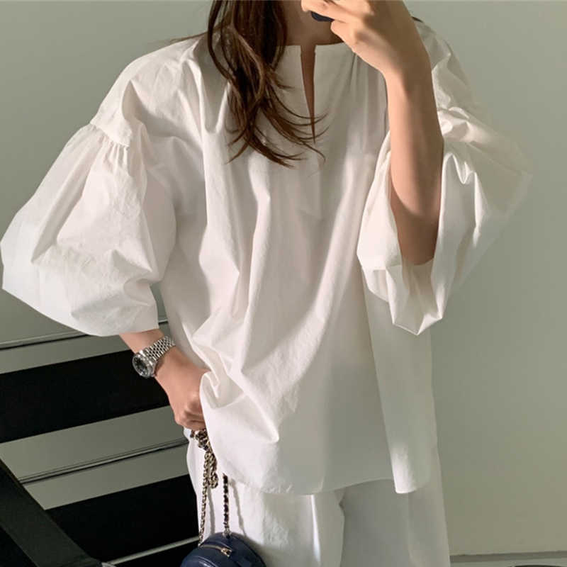 Korejpaa Women Shirt Summer Korean Simple Niche Chic Neckline Hedging Loose Solid Color Lantern Sleeve Oversize Blouses 210526