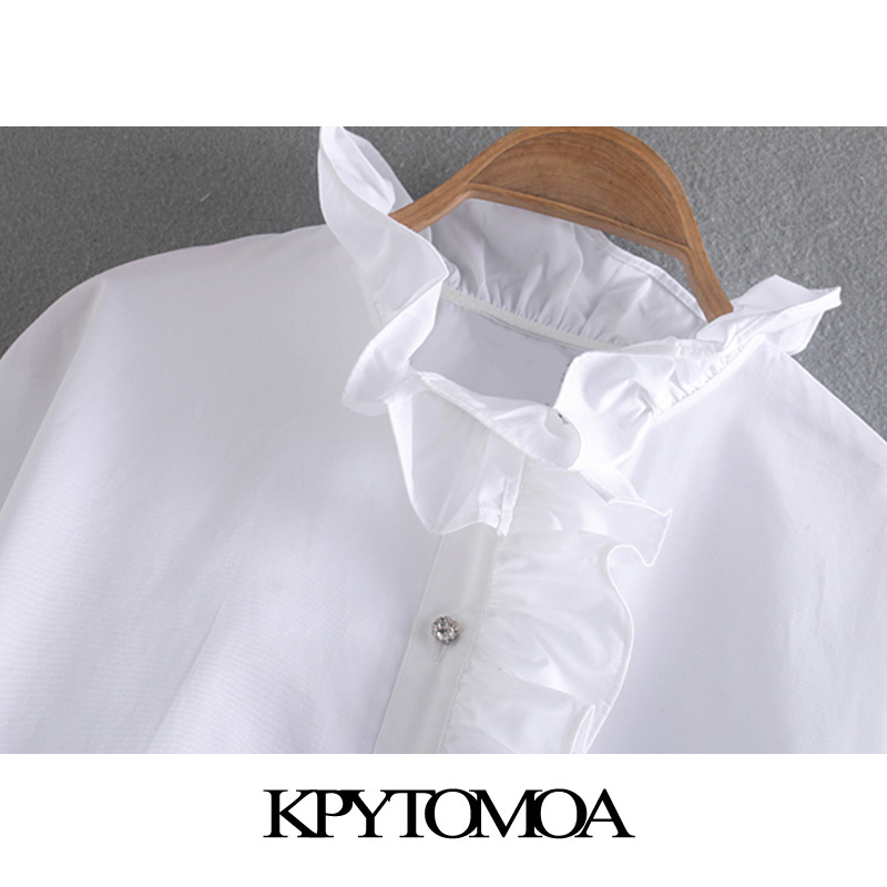 Vintage Sweet Jewelled Buttons Ruffles Blouses Women Fashion High Collar Long Sleeve Female Shirts Blusas Chic Tops 210225