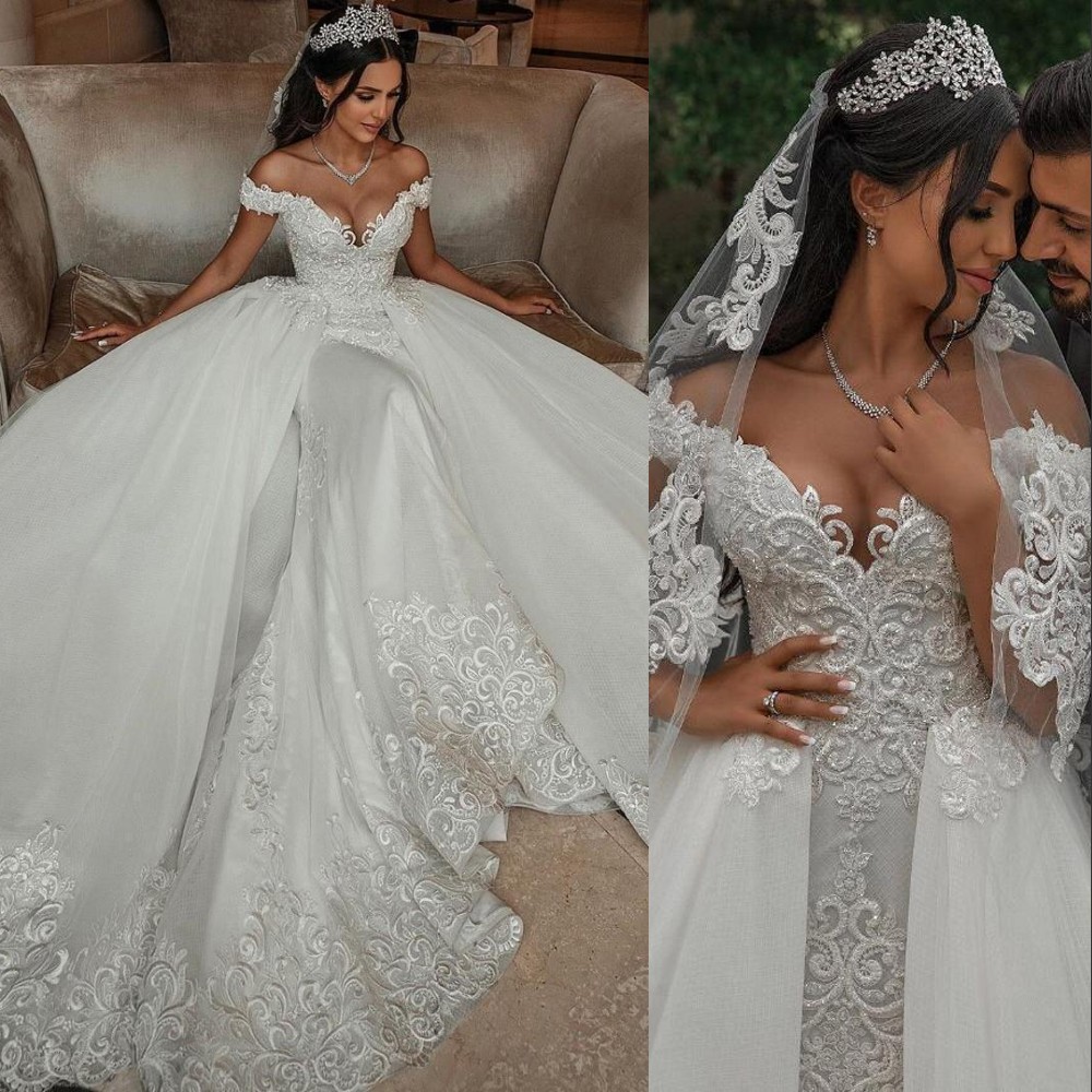2021 Arabic Sexy Off Shoulder Ball Gown Wedding Dresses Formal Bridal Gowns Full Lace Appliques Tulle Overskirts Detachable Train Plus Size Veil