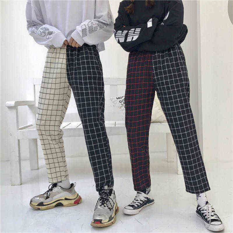 Neploe Vintage Plaid Patchwork Pants Harajuku Woman Man Trousers Elastics High Waist Korean Causal Straight Checkerboard 211115