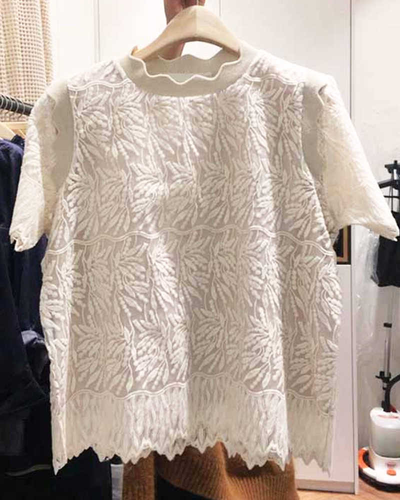 Spring Summer Fashion Lace Embroidered Petals Short-sleeved O Neck Solid Women Tops 210615, White 
Spring Summer Fashion Lace Embroidered Petals Short-sleeved O Neck Solid Women Tops 210615, White